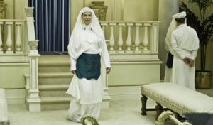 Simulated LdS Temple scene with examples of full LdS Temple Garments attire from the 