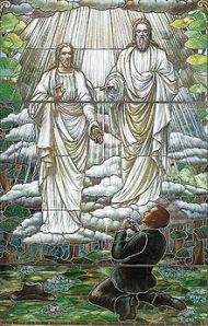 Stained glass depiction of the first vision of Joseph Smith, Jr., completed in 1913 by an unknown artist (Museum of Church History and Art).