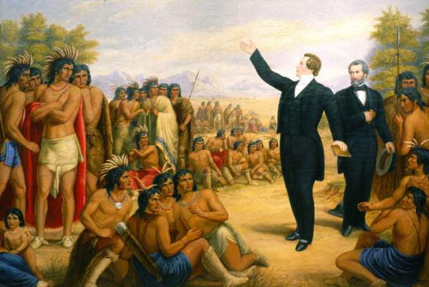 An 1890 oil painting of Joseph Smith preaching to the Indians. The painting was commissioned for the Salt Lake Temple and it hung there for over fifty years. 