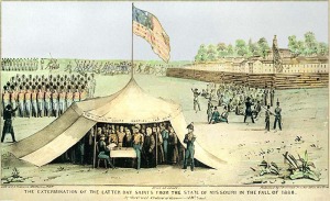 The Mormons surrendering to end the 1838 Mormon War in Missouri.
