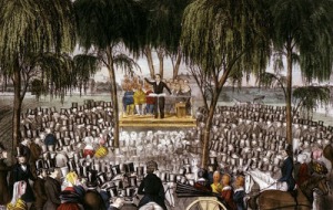 Folk art painting of Joseph Smith delivering The King Follett Discourse on April 7, 1844 at Spring General Conference.