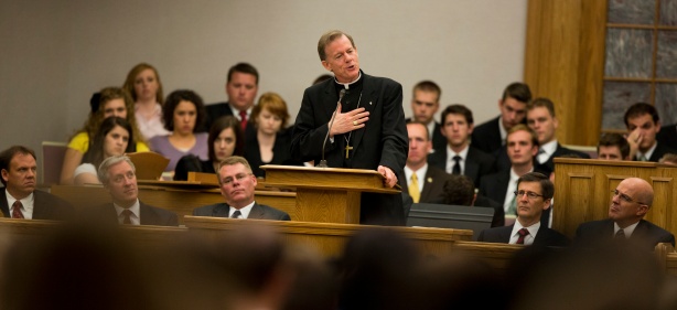 The Most Reverend Bishop John Charles Wester of the Salt Lake City Diocese of the Catholic Church speaks to students at the LDS Institute of Religion and at the Alumni House on the campus of Utah Valley University in Orem, Utah Tuesday Sept. 18, 2012. (August Miller, UVU Marketing)