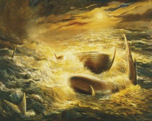 An artist's rendering of the Jaredite barges from an LDS Church manual. 