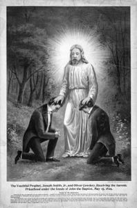 A 19th century depiction of John the Baptist conferring the Aaronic priesthood to Joseph Smith and Oliver Cowdery