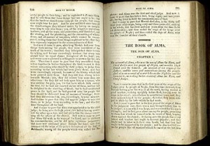 A first edition 1830 Book of Mormon open to the Book of Alma