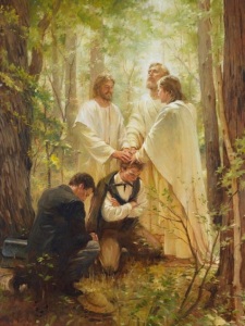 Contemporary painting of Joseph Smith and Oliver Cowdery receiving the Melchizedek Priesthood 