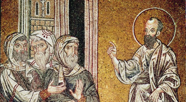 “St. Paul Preaching to the Jews in the Synagogue at Damascus,” from Scenes from the Life of St. Paul (mosaic), Byzantine School, 12th century. Duomo, Monreale, Sicily, Italy)