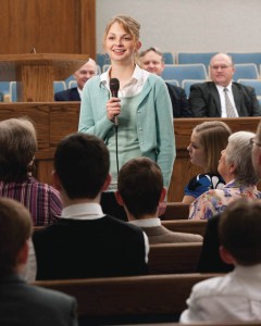 A young Mormon woman bearing her testimony