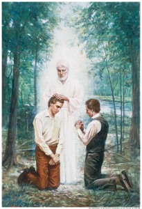 Artist's depiction of Joseph Smith and Oliver Cowdery receiving the Aaronic Priesthood. 