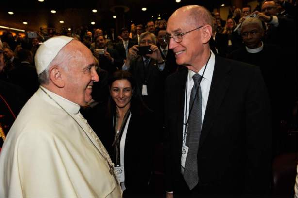 Pope Francis and Henry B. Eyring First Counselor in the First Presidency of The Church of Jesus Christ of Latter-day Saints. At a 2014 Vatican Summit of religious leaders on marriage. 