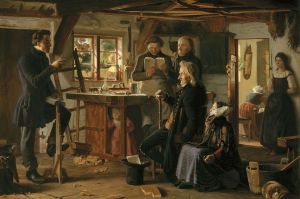 "Mormons visit a country carpenter" (1856) by Christen Dalsgaard, depicting a mid-19th century visit of a missionary to a Danish carpenter's workshop. The first missionaries arrived in Denmark in 1850. (click to enlarge)