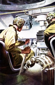 Artist's depiction of the crew in a Sherman Tank.